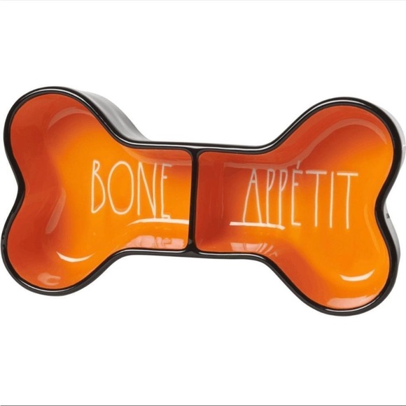 Ceramic Divided Pet Dish “Bone Appetit” orange and black by Ray Dunn 11”by2.5” - Picture 1 of 2
